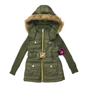 Chillpop Girls Olive Green Gold Quilted Puffer Coat Faux Fur Hood Belt Size 4